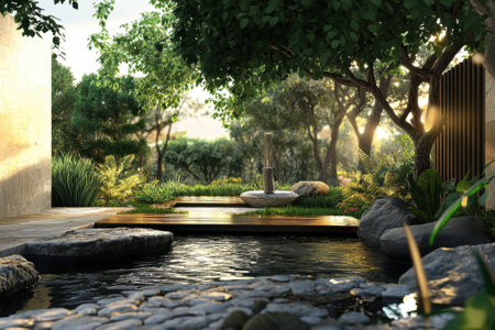 A peaceful garden featuring a wooden deck, a small water feature, and lush greenery illuminated by sunset.の写真素材