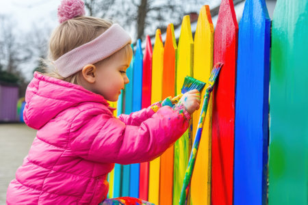 A joyful child adds bright colors to a wooden fence, fully engaged in an artistic outdoor activity.の写真素材