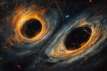 Two massive black holes are intertwined in space, creating swirling patterns of energy and glowing debris.の写真素材