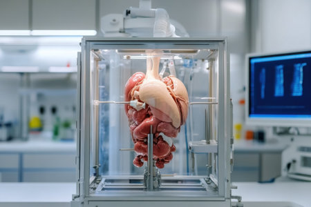 A detailed view of a 3D printed organ within a glass enclosure at a laboratory focused on innovative medical research.の写真素材
