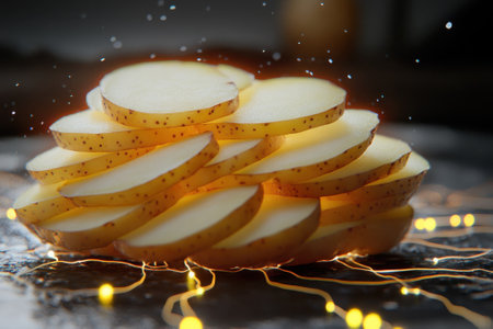 Fresh potato slices stacked artistically, illuminated by subtle lights, creating an engaging visual effect.の写真素材