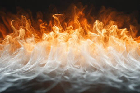 Bright orange flames rise and intertwine with soft white smoke in a mesmerizing display of movement.の写真素材