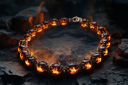 A stunning necklace featuring fiery gemstones rests on a background of dark rocks, creating a dramatic effect.の写真素材