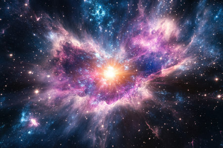 A dazzling cosmic event illuminates the dark expanse, showcasing swirling colors and radiant starlight.の写真素材