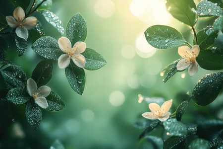 Bright white flowers with droplets of water sparkle amidst vibrant green foliage in a tranquil forest setting.の写真素材