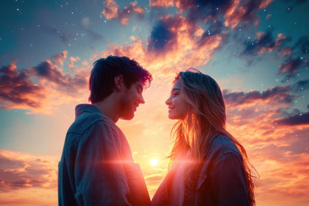 A couple shares a tender gaze during sunset, illuminated by colorful clouds and warm sunlight.の写真素材