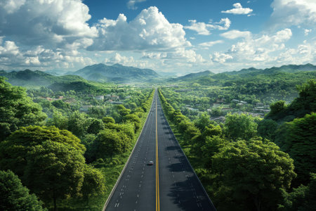 A wide highway cuts through a vibrant green landscape, surrounded by mountains and fluffy clouds above.の写真素材