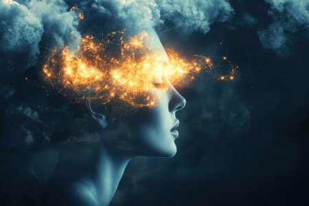 A woman stands with her eyes closed, surrounded by glowing clouds and swirling light, evoking a sense of imagination.の写真素材