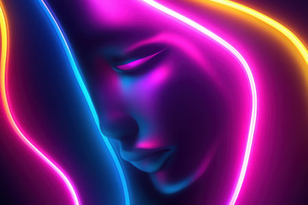 A striking portrait of a face illuminated by colorful neon lights, creating a surreal atmosphere and mood.の写真素材