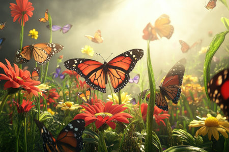 Monarch butterflies dance over a field of blooming flowers, illuminated by soft sunlight in the garden.の写真素材