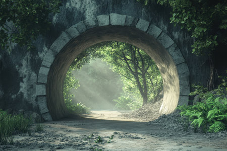 A stone archway frames a serene forest path, with soft light filtering through lush greenery in the morning.の写真素材