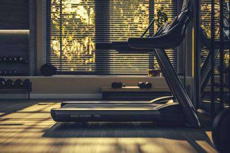 A sleek treadmill sits in a brightly lit gym, with sunlight streaming through the windows, perfect for morning exercise.の写真素材