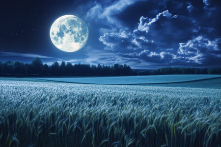 A bright full moon casts a soft glow over a tranquil field of crops, creating a peaceful nighttime atmosphere.の写真素材