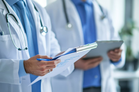 Two doctors in white coats review patient documents while discussing treatment plans in a clinic.の写真素材