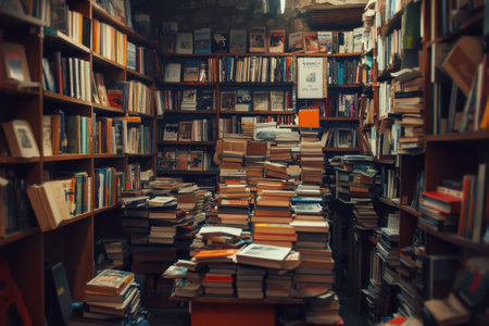 A cozy bookstore features towering shelves of books stacked chaotically on tables and the floor, inviting exploration.の写真素材