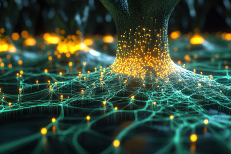 Glowing nodes and vibrant connections create a digital network around a tree's trunk at night.の写真素材