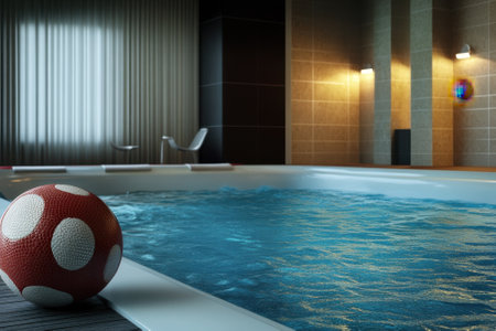 Colorful ball rests near the edge of a serene indoor pool bathed in warm lighting.の写真素材