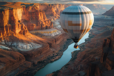 A hot air balloon floats gracefully above the Grand Canyon, showing vibrant rock layers and the winding river below.の写真素材