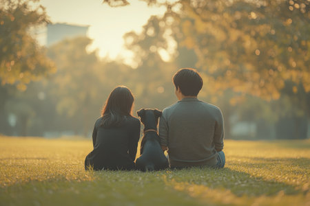A couple relaxes on the grass at sunset, enjoying quality time together with their dog in a tranquil park.の写真素材