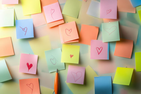 A collection of pastel sticky notes with heart drawings is displayed on a desk, showcasing creativity and affection.の写真素材