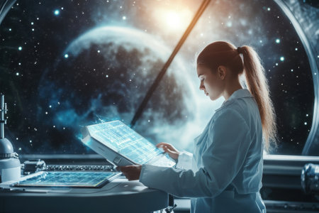 A scientist in a lab coat analyzes glowing data panels while gazing out at space and distant planets.の写真素材