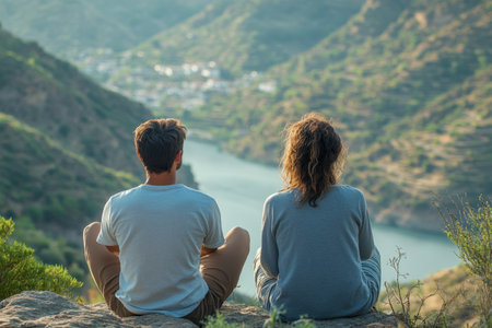 A couple relaxes on a rocky outcrop, appreciating the serene river and rolling hills under the sun.の写真素材
