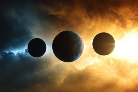 Three planets align in the cosmos, surrounded by swirling clouds of orange and blue hues during a stellar event.の写真素材