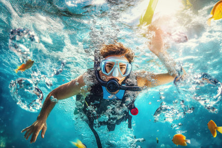 A young person swims through clear blue water, interacting with brightly colored fish while snorkeling.の写真素材