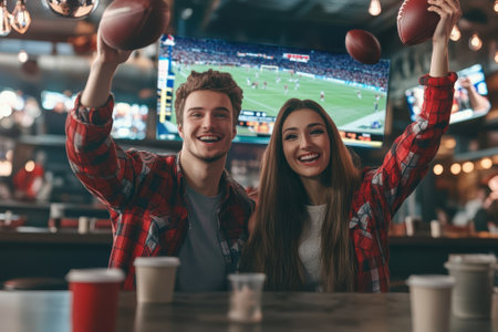 Friends cheer and celebrate during a thrilling football match at a bustling sports bar filled with excitement.の写真素材
