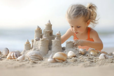 A young girl in an orange swimsuit crafts a detailed sand castle with seashells at the shore.の写真素材