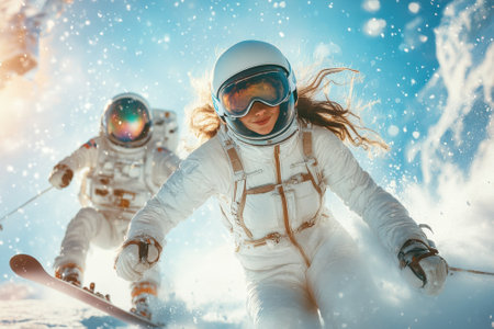 Two skiers in space suits navigate through fresh snow, showcasing a unique winter sport experience.の写真素材