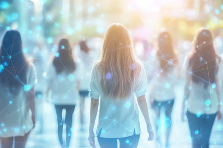A group of women in white shirts walk together through a bustling urban area while it is sunny.の写真素材