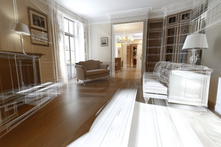 This interior design concept illustrates a modern living room with sketch-like outlines highlighting features.の写真素材