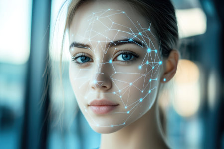 A woman displays facial recognition technology in a contemporary setting, showing intricate light patterns.の写真素材