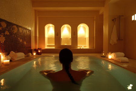 A person enjoys a soothing soak in a tranquil spa with soft lighting and candles creating a calming atmosphere.の写真素材