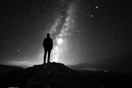 A person stands on a rocky hilltop gazing at the vast Milky Way in the night sky, surrounded by stars.の写真素材