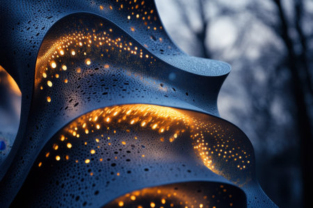 An intricate sculpture glows softly at dusk, showcasing artistic craftsmanship with warm lights.の写真素材