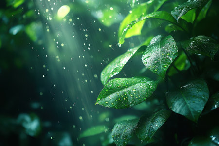 Gentle rain falls, creating sparkling droplets on vibrant green leaves in a peaceful forest setting.の写真素材