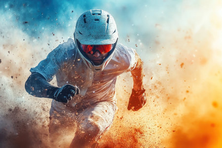 A determined athlete runs swiftly through a cloud of dust, showing intense focus during competition.の写真素材