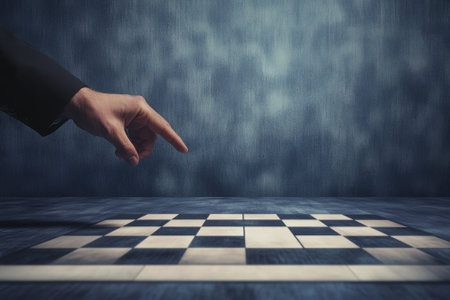 A hand reaches towards a chessboard, signaling a thoughtful decision in an intense match at an indoor location.の写真素材