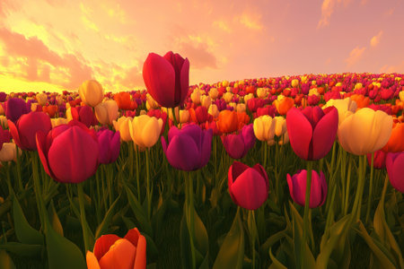 Vibrant tulips in various colors stretch across a hillside as the sun sets, creating a picturesque landscape.の写真素材