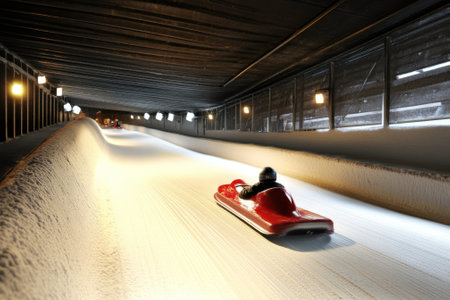 Competitors glide down a snowy bobsled track in winter, surrounded by a dark spectating area and bright lights.の写真素材