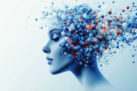 A profile of a woman merges with colorful, abstract particles showcasing artistic imagination and creativity.の写真素材