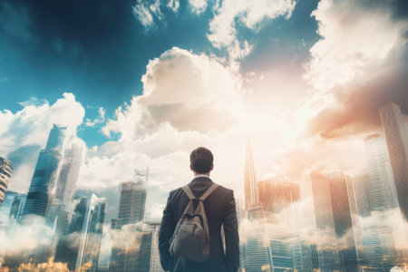 A businessman stands with a backpack, gazing at a vibrant city skyline beneath dramatic clouds at sunset.の写真素材
