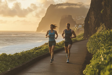 Two joggers enjoy their run along a beautiful coastal trail at sunset, surrounded by stunning ocean views.の写真素材