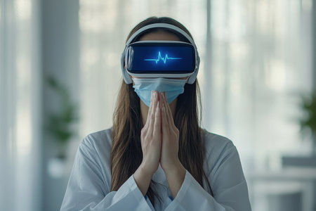 A healthcare worker in a lab coat and mask engages with VR technology for patient evaluation.の写真素材