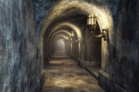 A long corridor lined with antique lamps casts a warm glow against textured stone walls, evoking intrigue.の写真素材