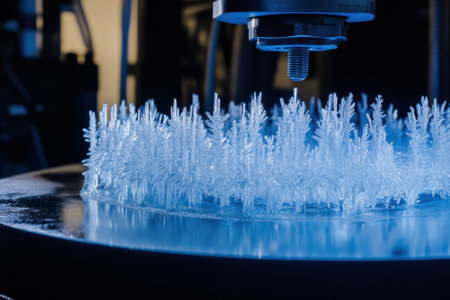 An advanced machine is sculpting intricate icy crystals in a laboratory, showing scientific innovation.の写真素材