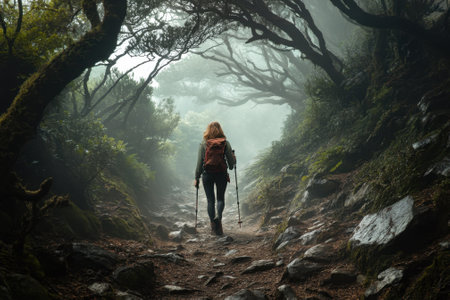 A person with hiking poles walks down a rocky trail in a foggy forest, surrounded by towering trees.の写真素材