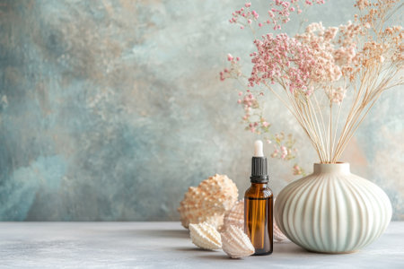 Dried flowers in a vase with an essential oil bottle next to seashells on a serene surface setting.の写真素材